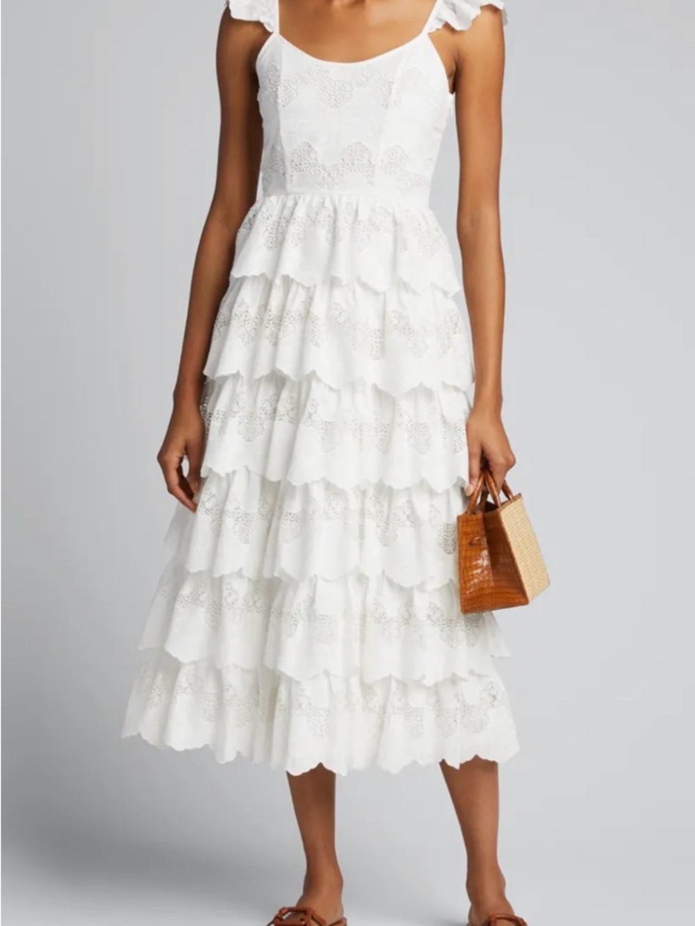 Caroline Constas Dia Dress- scallop lace woven - White Tiered Eyelet Midi Dress